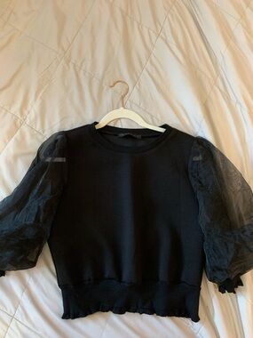 Women’s Black Puff-Sleeve Sweatshirt — Sheer Sleeve Top